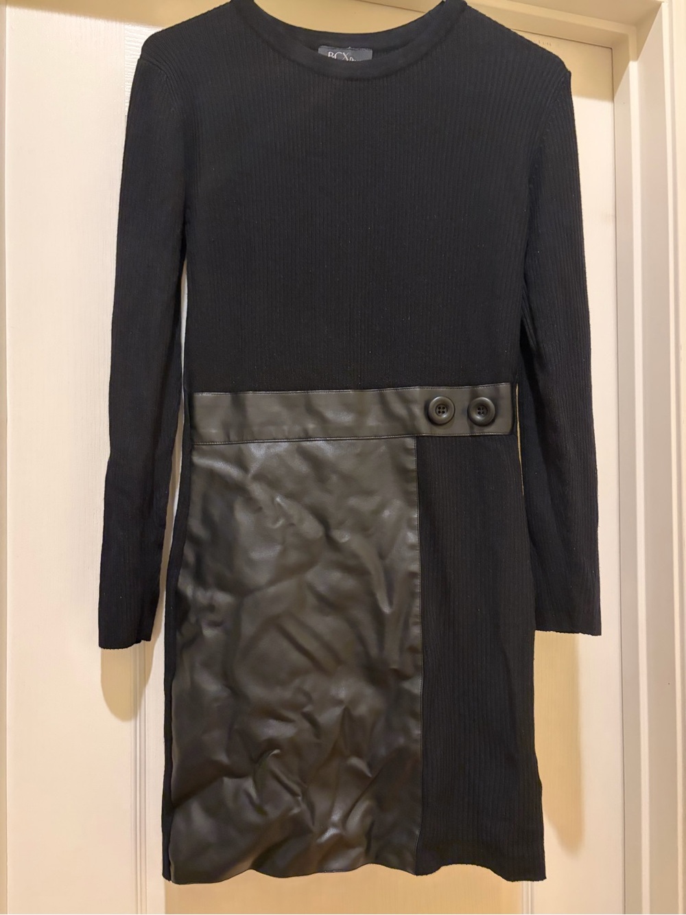 Black Long Sleeve Ribbed and Faux Leather Midi Dress